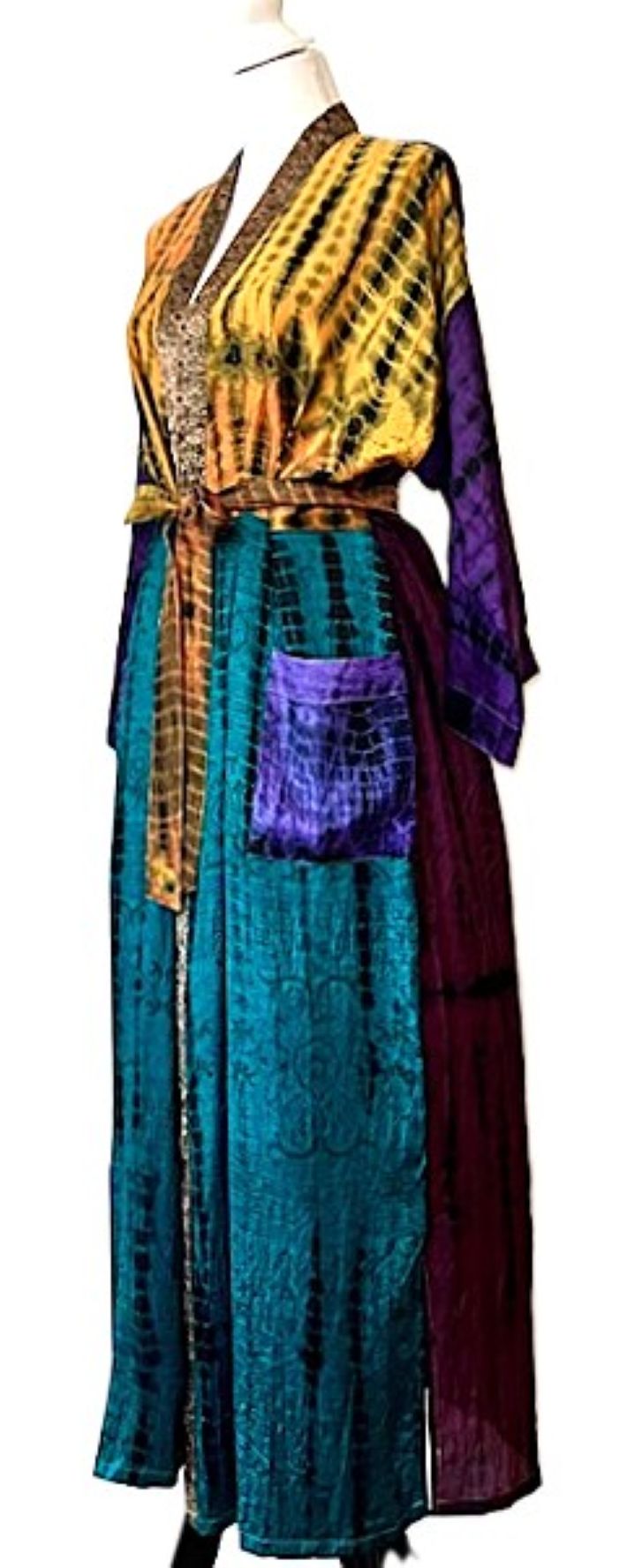 Long Silk Kimono Duster Is Striking In Turquoise Bronze Color Block