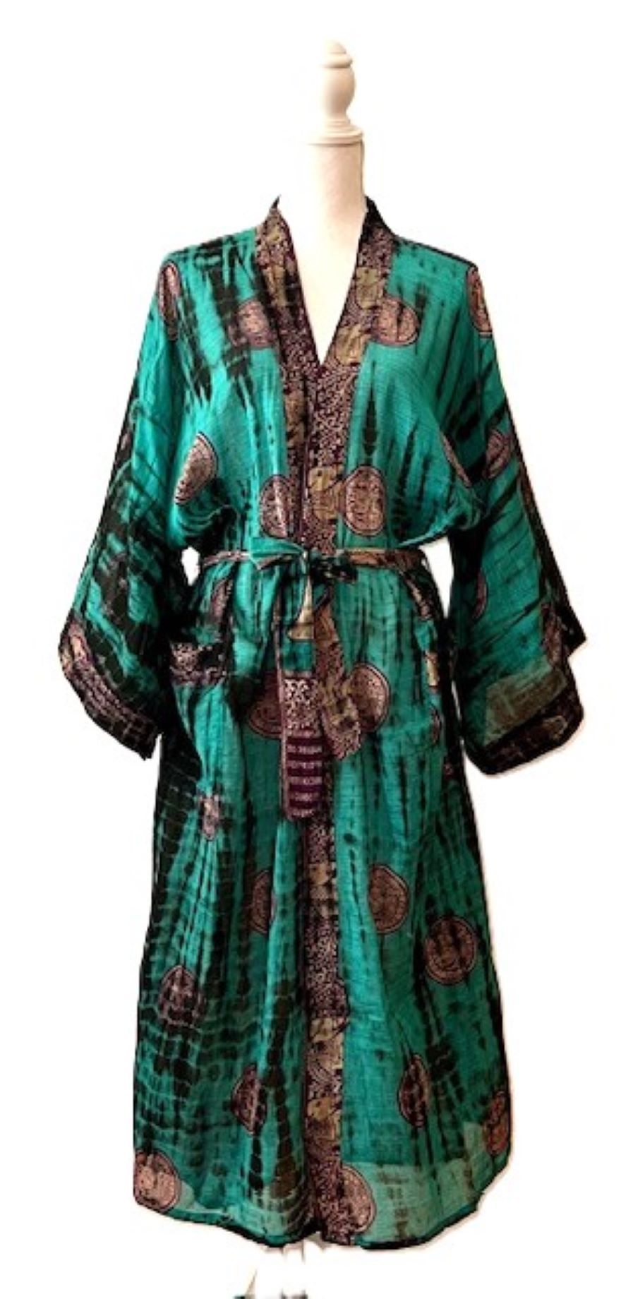 Top of the Line Silk Kimono Duster,  Dramatic Asian Abstract Print. Elegant In Emerald. Engineered