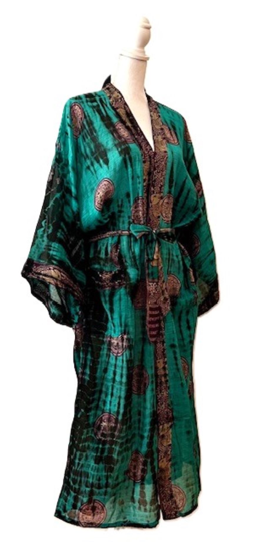 Top of the Line Silk Kimono Duster,  Dramatic Asian Abstract Print. Elegant In Emerald. Engineered