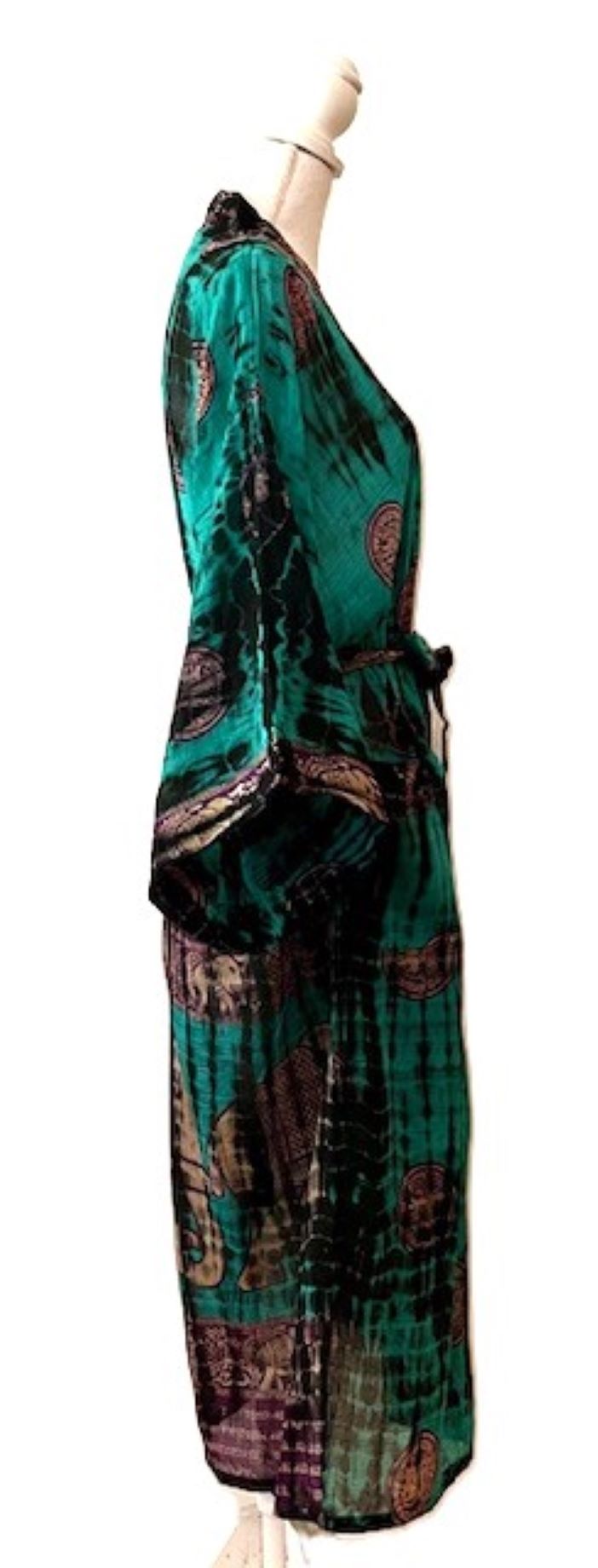 Top of the Line Silk Kimono Duster,  Dramatic Asian Abstract Print. Elegant In Emerald. Engineered