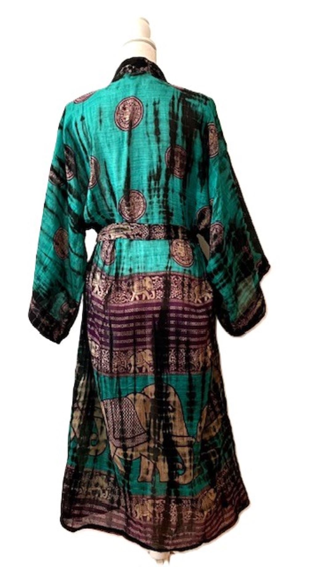 Top of the Line Silk Kimono Duster,  Dramatic Asian Abstract Print. Elegant In Emerald. Engineered