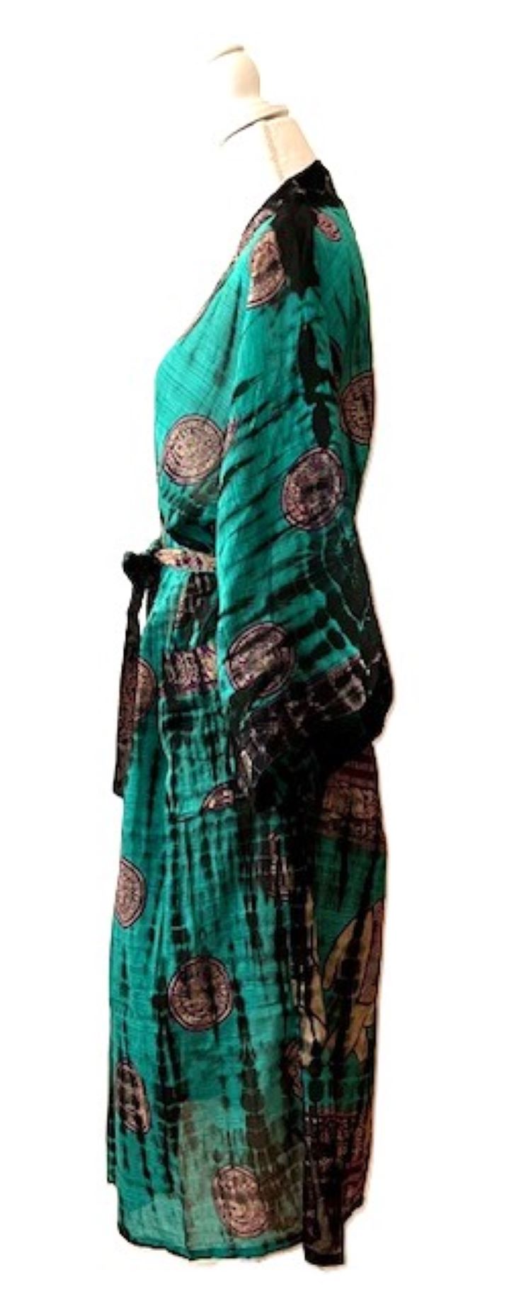 Top of the Line Silk Kimono Duster,  Dramatic Asian Abstract Print. Elegant In Emerald. Engineered