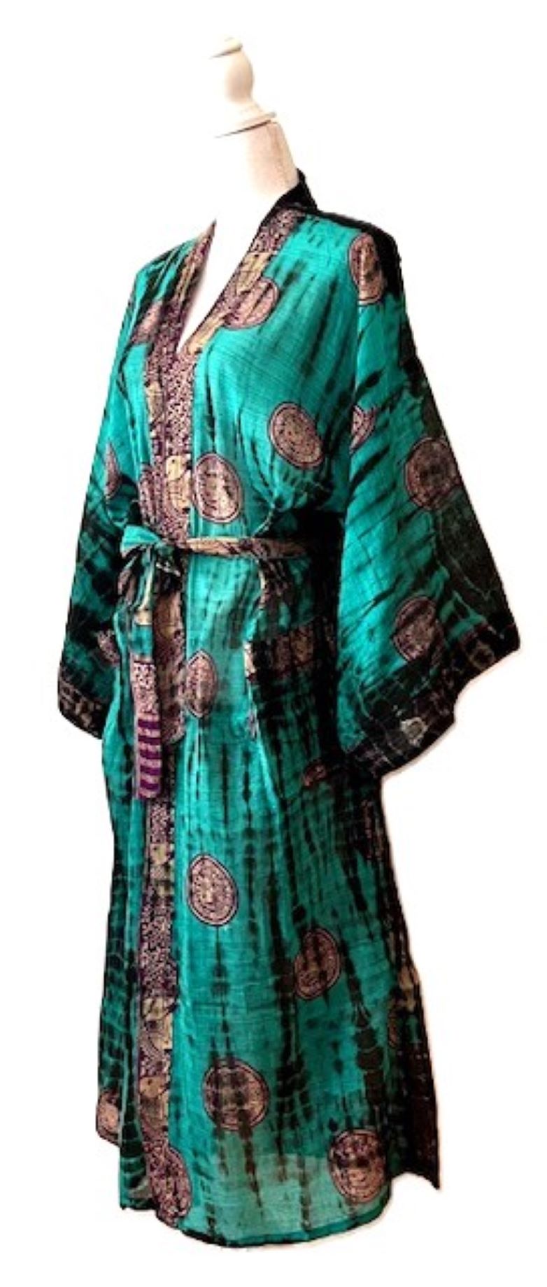 Top of the Line Silk Kimono Duster,  Dramatic Asian Abstract Print. Elegant In Emerald. Engineered