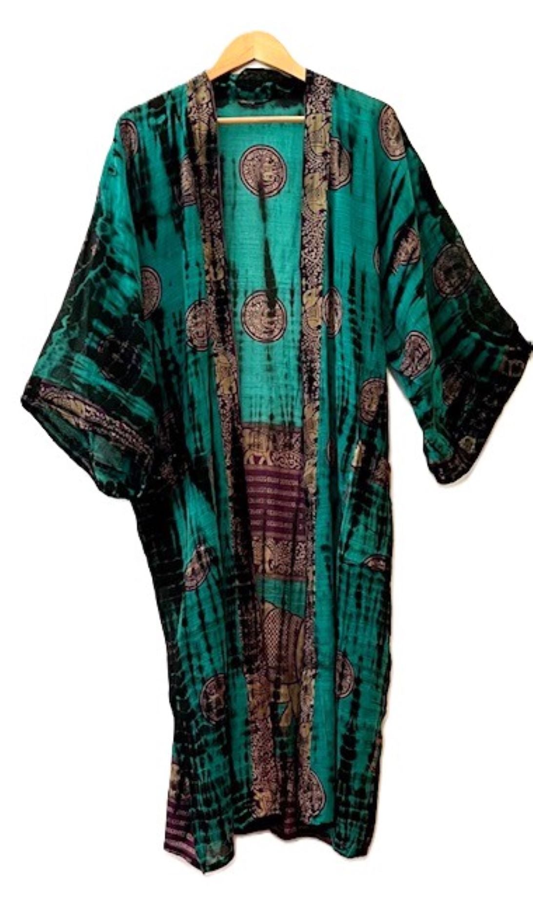 Top of the Line Silk Kimono Duster,  Dramatic Asian Abstract Print. Elegant In Emerald. Engineered