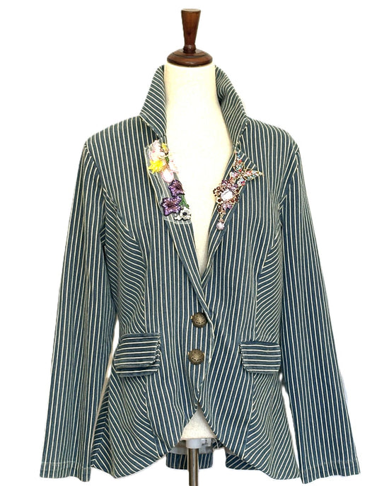 Blazer-Contemporary Striped Denim Stripe Jacket With Collar Embellishments (Dark Denim)