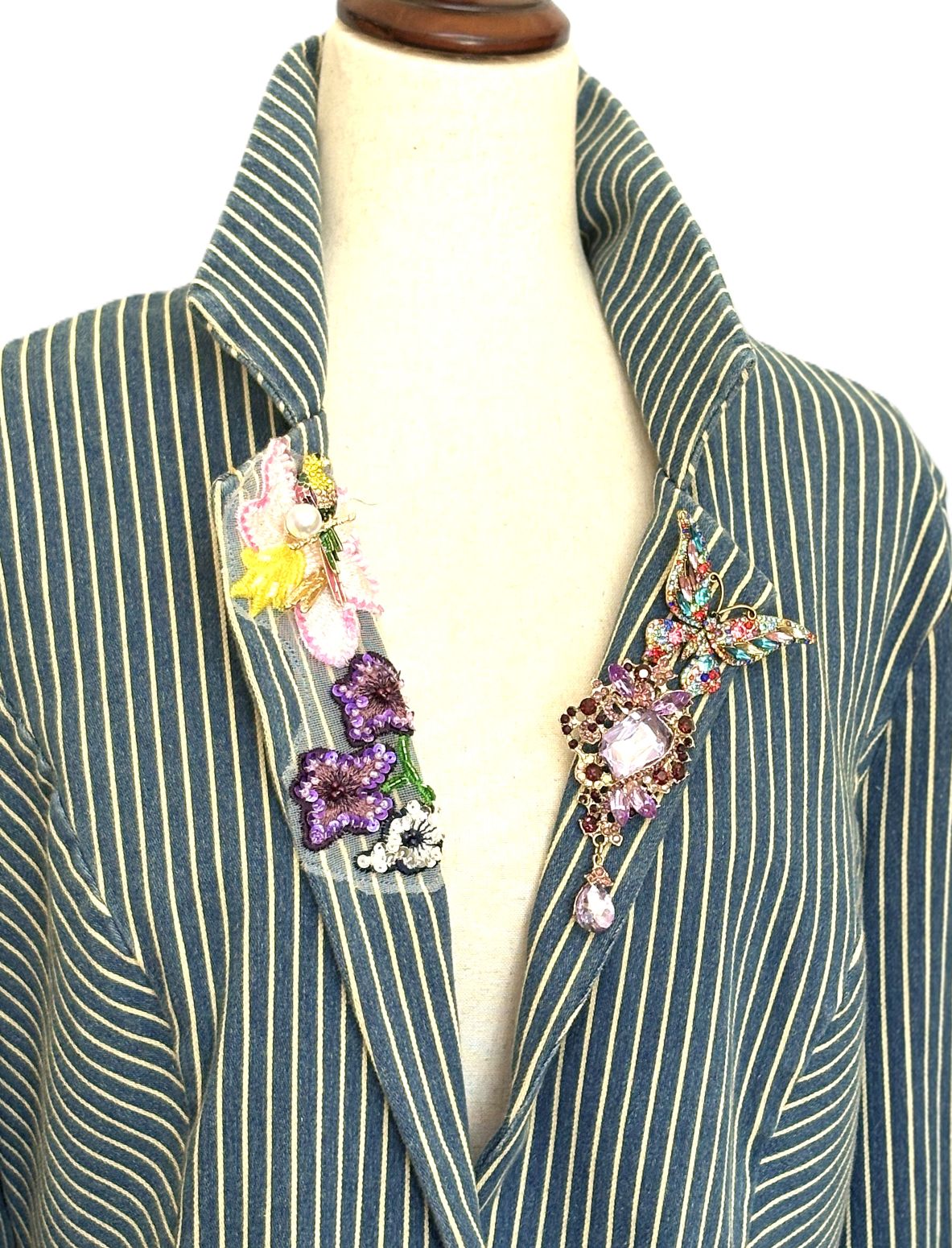 Blazer-Contemporary Striped Denim Stripe Jacket With Collar Embellishments (Dark Denim)