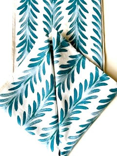 Luxe Dinner Napkins, Block Printed In Turquoise Blue Fern Print