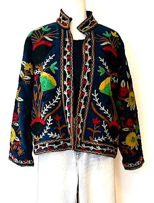 Short Box Cut Suzani Hand Embroidered Jacket Welcomes Fall (Navy)