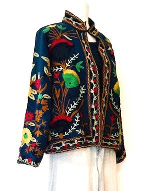 Short Box Cut Suzani Hand Embroidered Jacket Welcomes Fall (Navy)