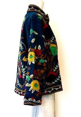 Short Box Cut Suzani Hand Embroidered Jacket Welcomes Fall (Navy)