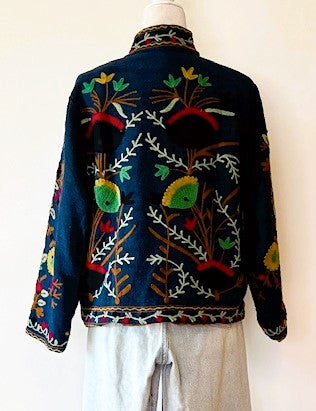 Short Box Cut Suzani Hand Embroidered Jacket Welcomes Fall (Navy)