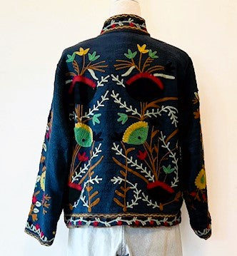 Short Box Cut Suzani Hand Embroidered Jacket Welcomes Fall (Navy)