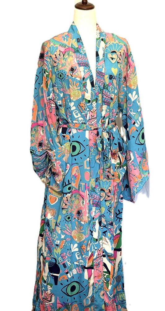 Long Silk Kimono Duster, Whimsical Mixed Print Is Interesting And Fun.