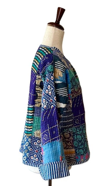 Reversible Cotton Quilted  Womens Jacket With Stripe Piping (Blue Grey)
