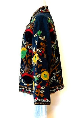 Short Box Cut Suzani Hand Embroidered Jacket Welcomes Fall (Navy)