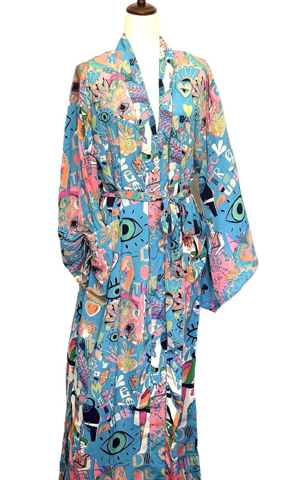 Long Silk Kimono Duster, Whimsical Mixed Print Is Interesting And Fun.