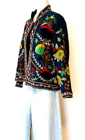 Short Box Cut Suzani Hand Embroidered Jacket Welcomes Fall (Navy)