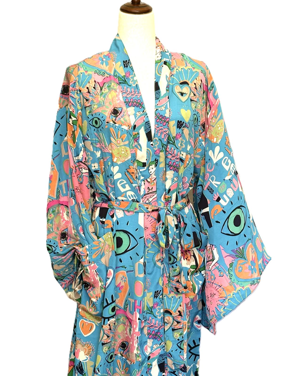 Long Silk Kimono Duster, Whimsical Mixed Print Is Interesting And Fun.