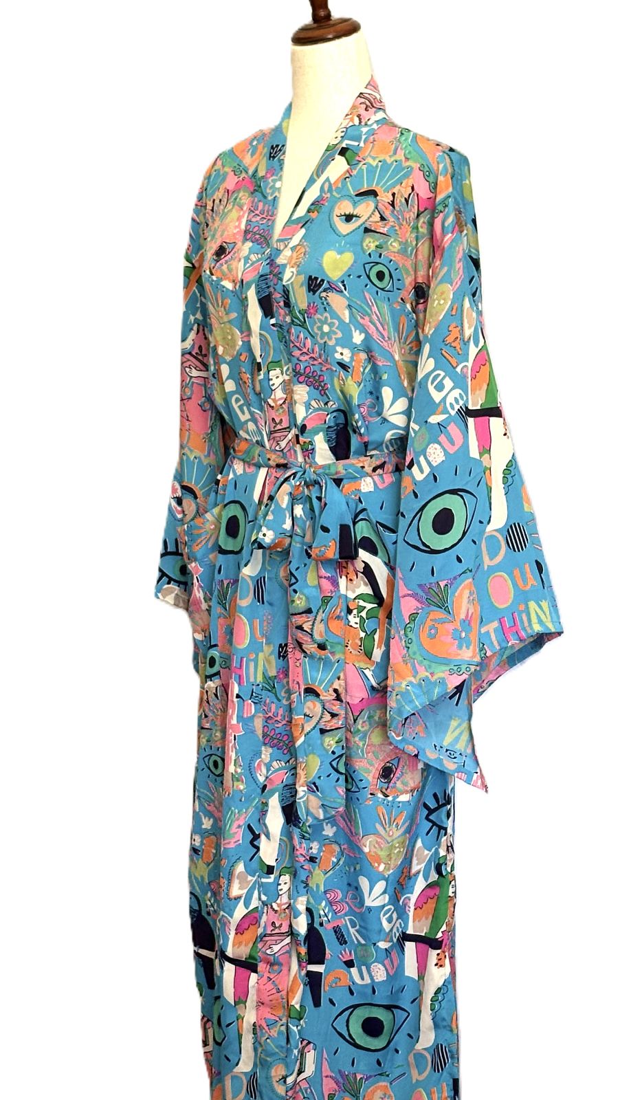 Long Silk Kimono Duster, Whimsical Mixed Print Is Interesting And Fun.