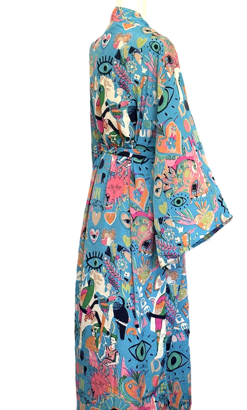 Long Silk Kimono Duster, Whimsical Mixed Print Is Interesting And Fun.
