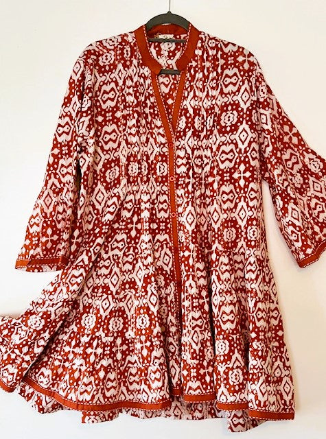 Floral Cotton Long Sleeves Short Dress. Great Transition Dress (Rust)