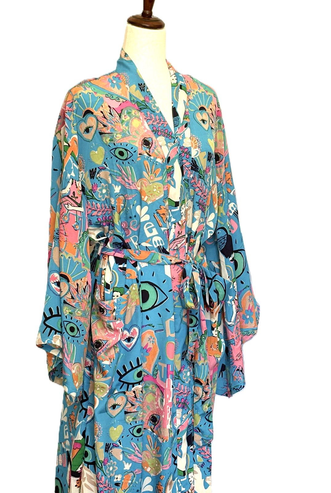 Long Silk Kimono Duster, Whimsical Mixed Print Is Interesting And Fun.