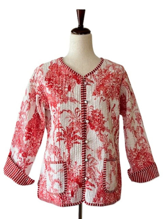 Luxe Reversible Cotton Quilted Womens Jacket With Red Stripe Piping (Red White Motif)