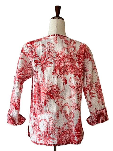 Luxe Reversible Cotton Quilted Womens Jacket With Red Stripe Piping (Red White Motif)