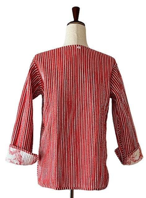 Luxe Reversible Cotton Quilted Womens Jacket With Red Stripe Piping (Red White Motif)
