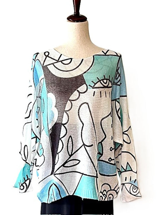 Italian Knit Sweater, Picasso. Great Color and Light Weight.(Aqua)