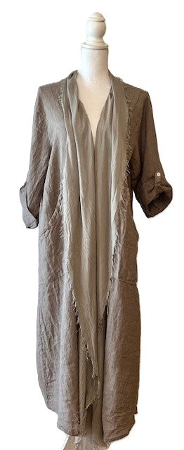 Long Italian Linen and Silk Duster Jacket With Frayed Edges, Clay