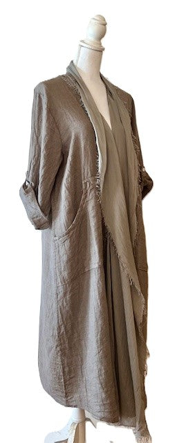 Long Italian Linen and Silk Duster Jacket With Frayed Edges, Clay