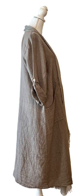 Long Italian Linen and Silk Duster Jacket With Frayed Edges, Clay