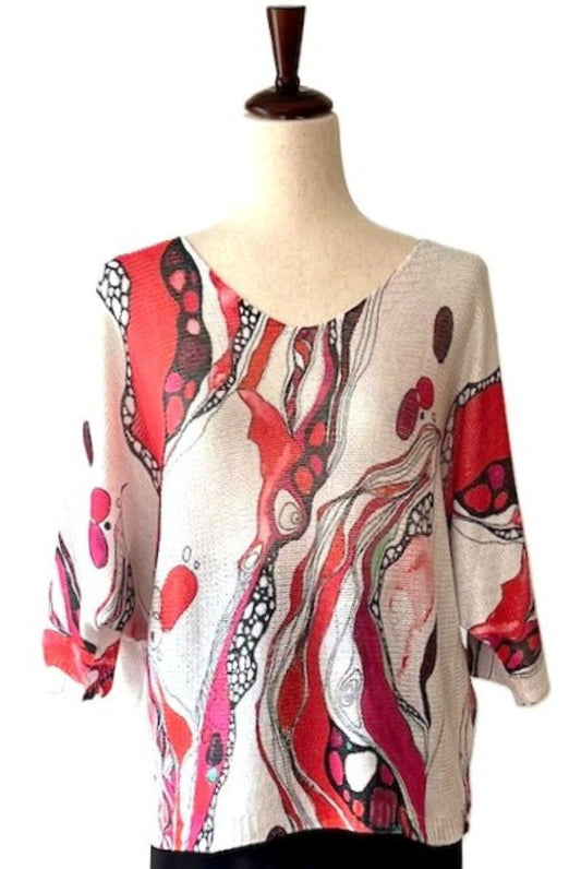 Italian Knit V Neck Sweater, Great Color and Light Weight. (Abstract Red)