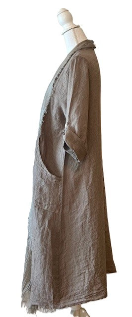 Long Italian Linen and Silk Duster Jacket With Frayed Edges, Clay