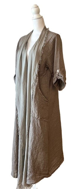 Long Italian Linen and Silk Duster Jacket With Frayed Edges, Clay