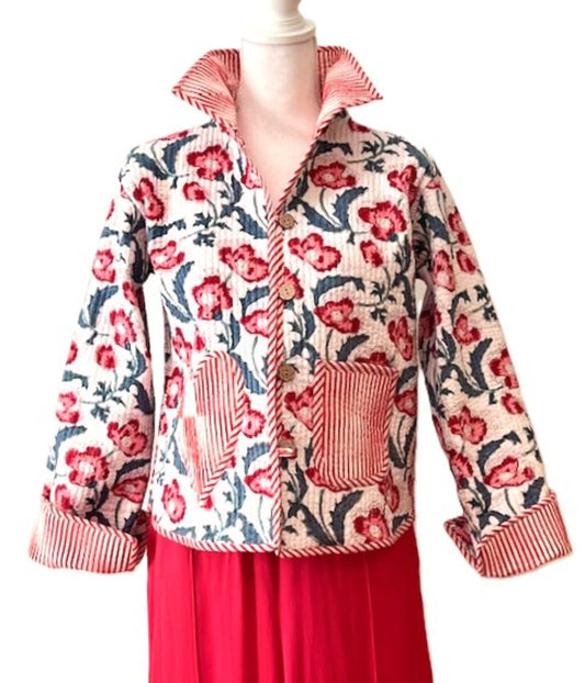 Be Mine Quilted  Womens Jacket With Stripe Piping, Red Flowers