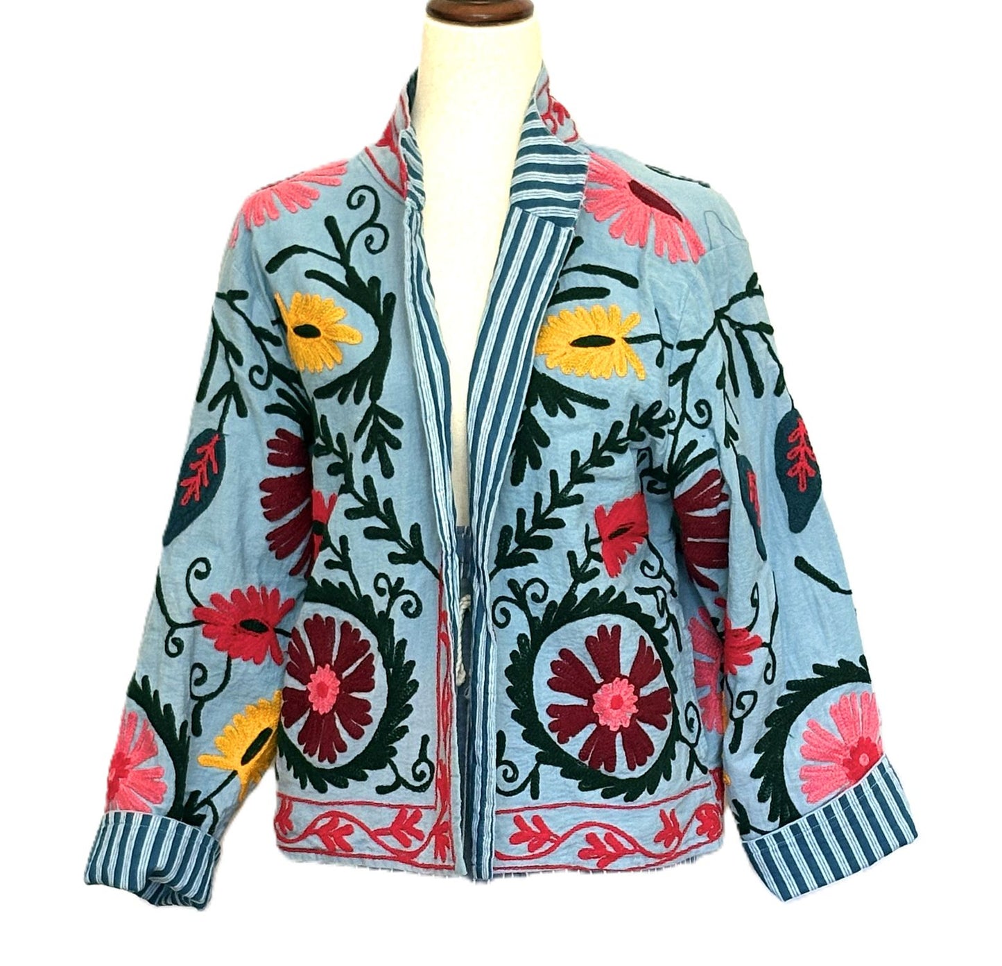 Jacket, Wearable Art In This Colorful Hand Embroidered Short Cotton Top. (Sky Blue)