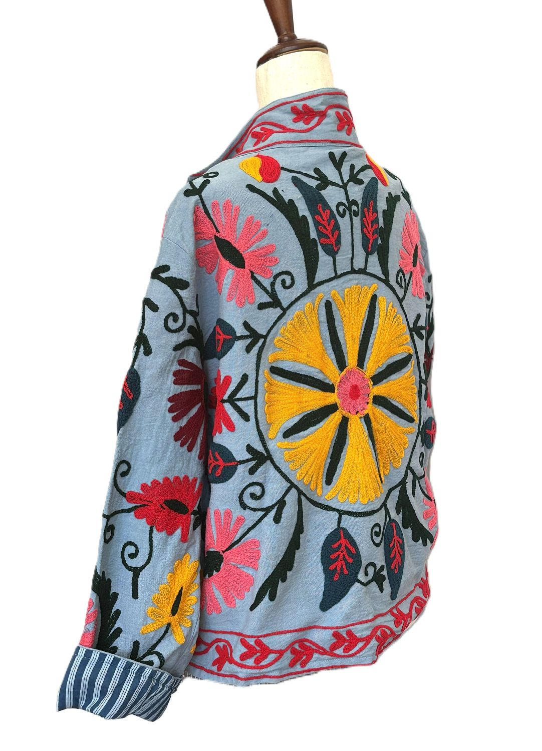 Jacket, Wearable Art In This Colorful Hand Embroidered Short Cotton Top. (Sky Blue)
