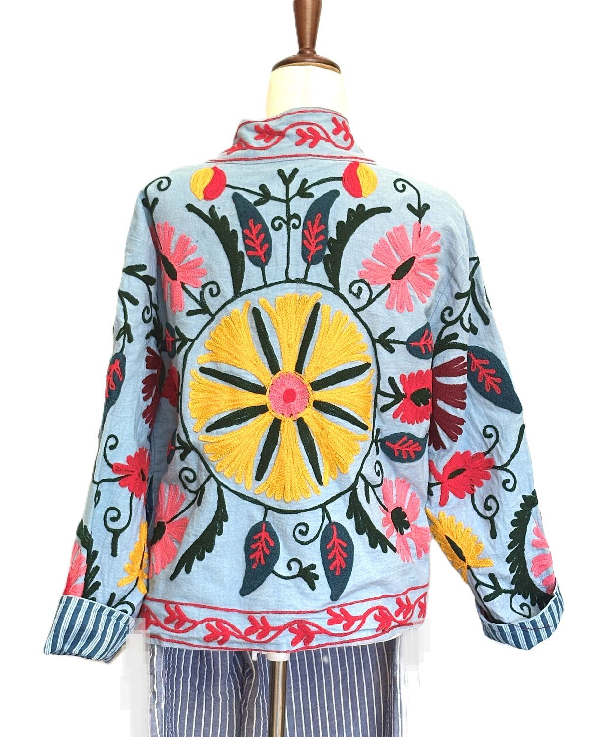 Jacket, Wearable Art In This Colorful Hand Embroidered Short Cotton Top. (Sky Blue)