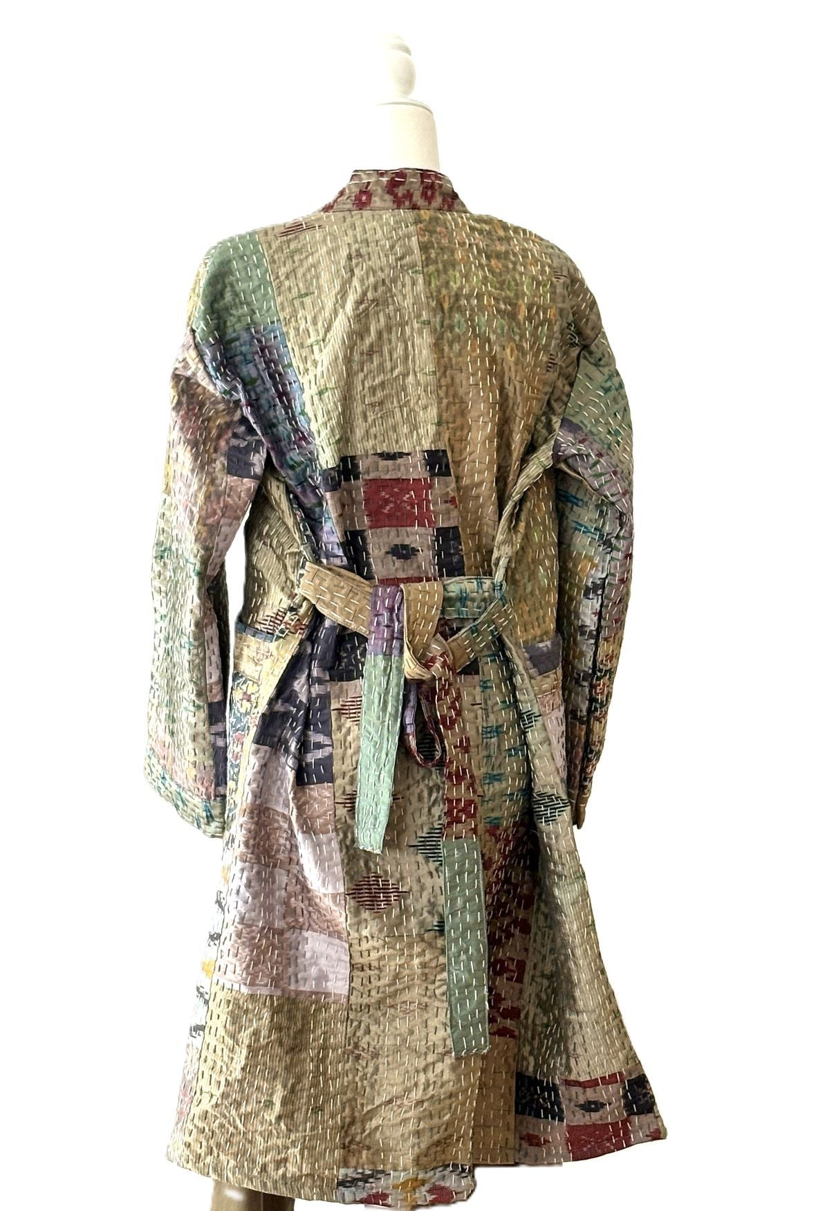 Long Handcrafted Silk Kantha Patchwork Fully Reversible Kimono Duster