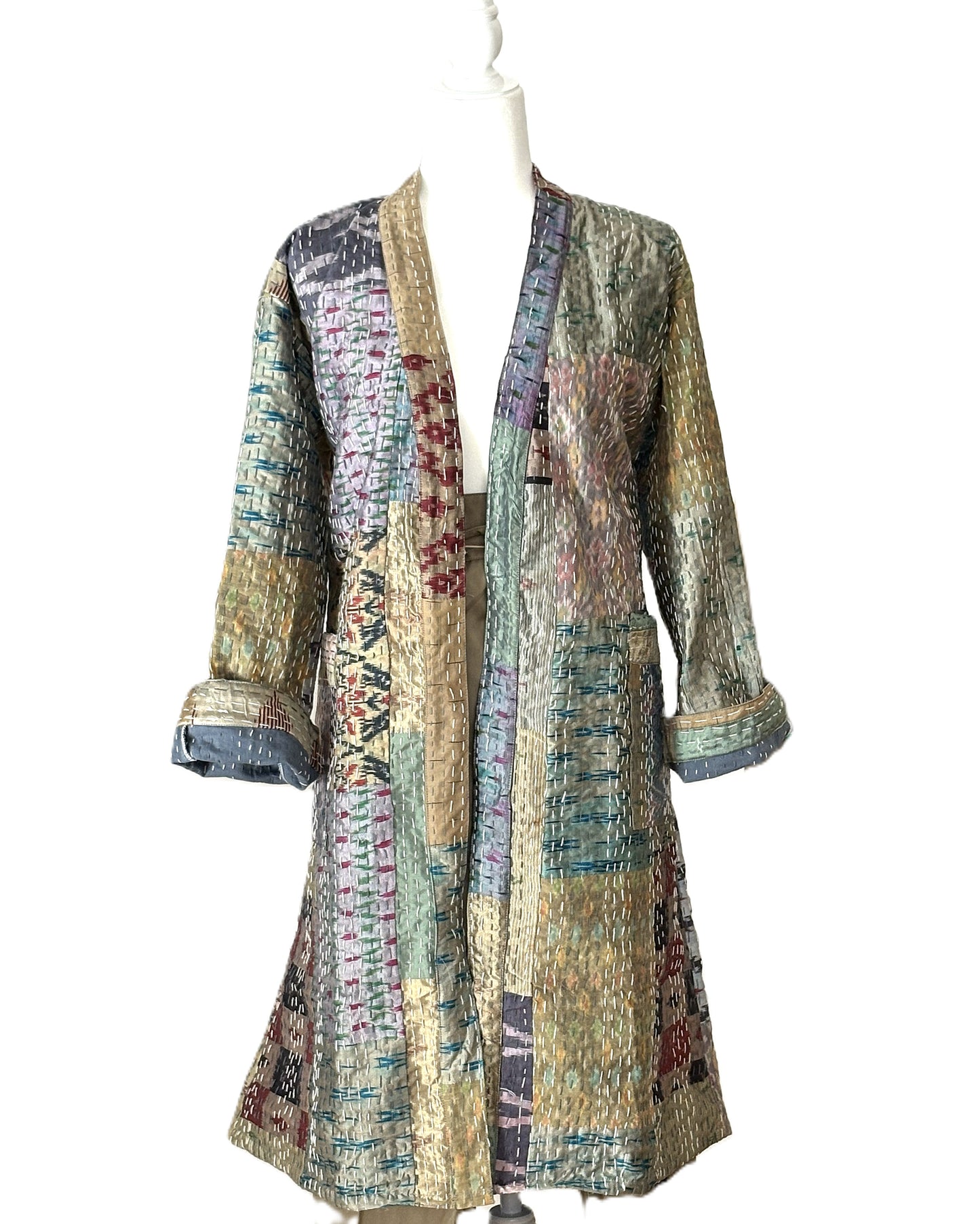 Long Handcrafted Silk Kantha Patchwork Fully Reversible Kimono Duster