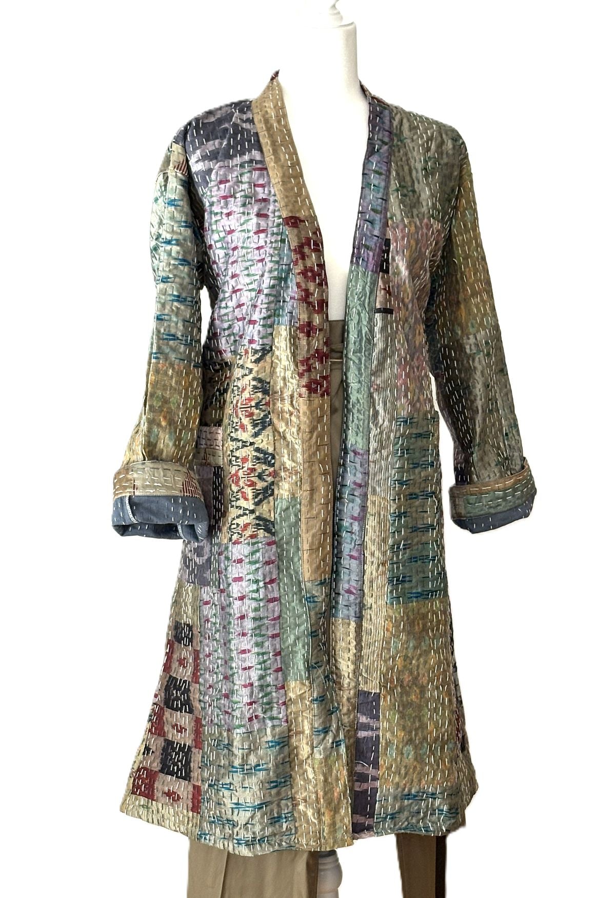Long Handcrafted Silk Kantha Patchwork Fully Reversible Kimono Duster