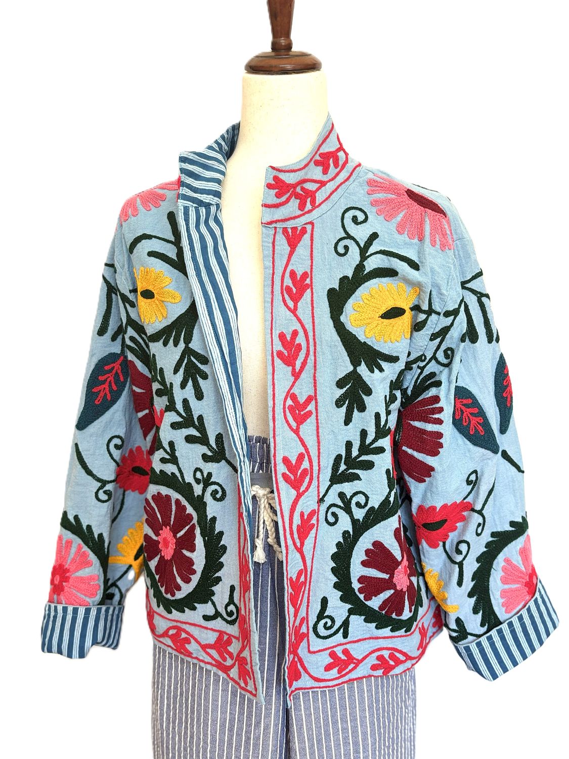 Jacket, Wearable Art In This Colorful Hand Embroidered Short Cotton Top. (Sky Blue)
