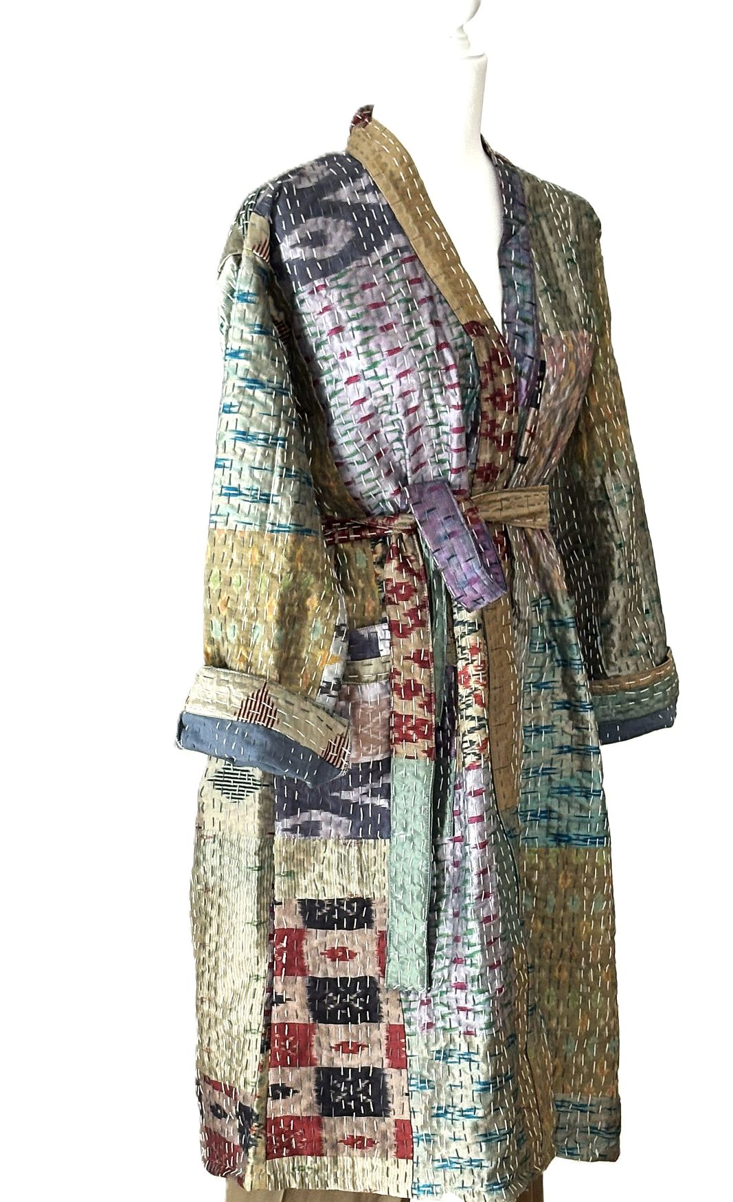 Long Handcrafted Silk Kantha Patchwork Fully Reversible Kimono Duster