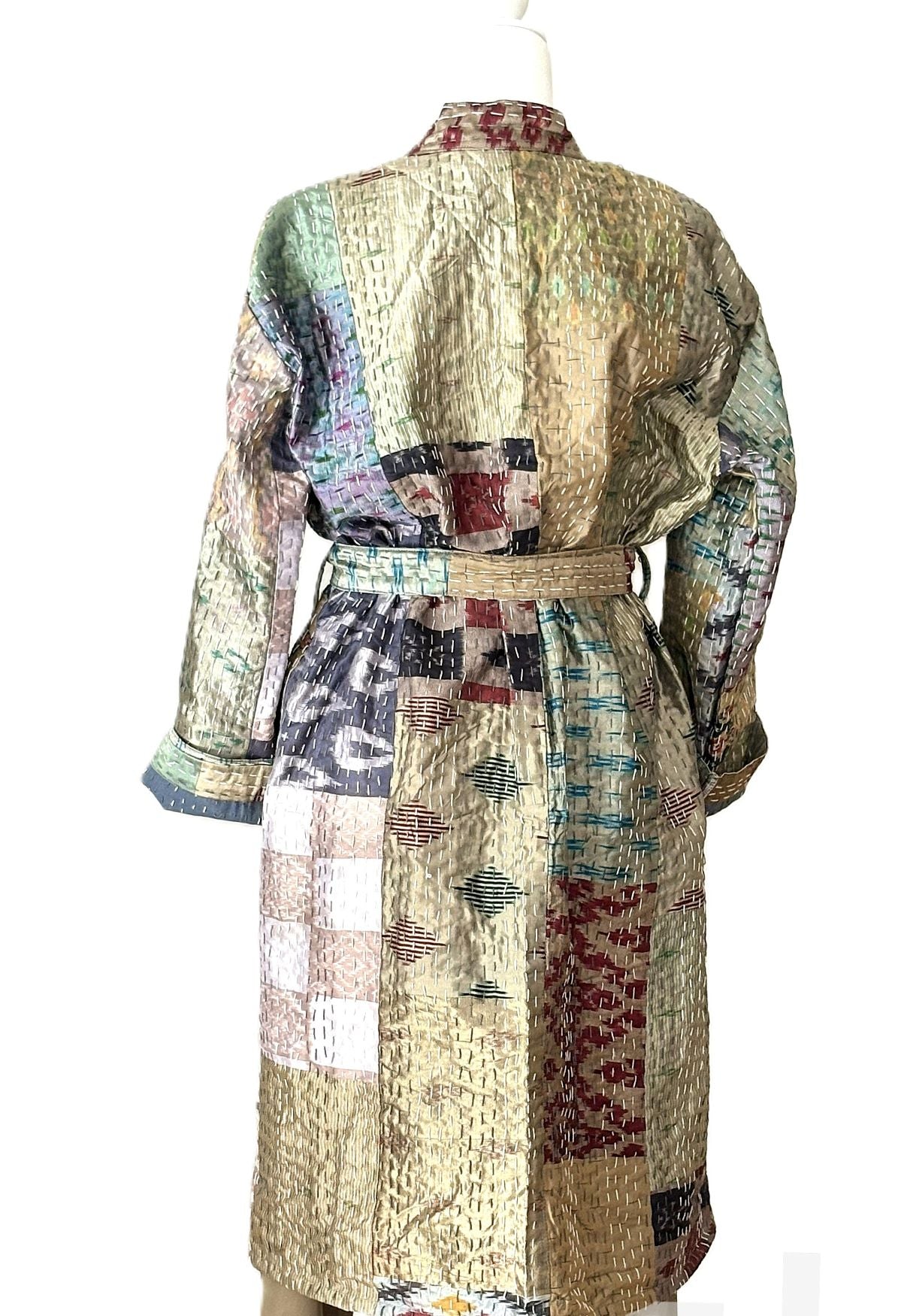 Long Handcrafted Silk Kantha Patchwork Fully Reversible Kimono Duster