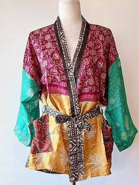 The Accessory In Demand, A Short Silk Kimono Jacket.  Works With Everything.