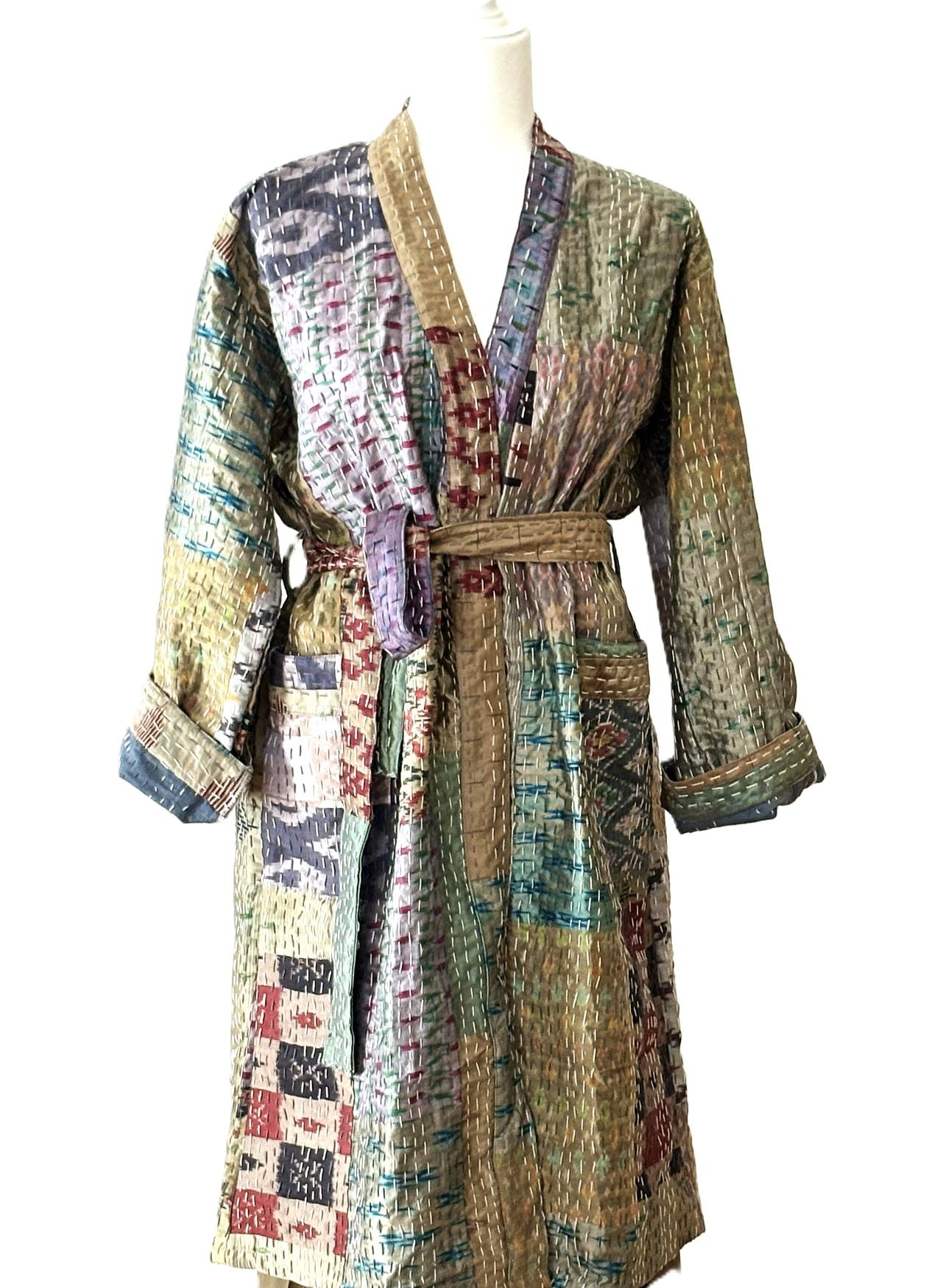 Long Handcrafted Silk Kantha Patchwork Fully Reversible Kimono Duster