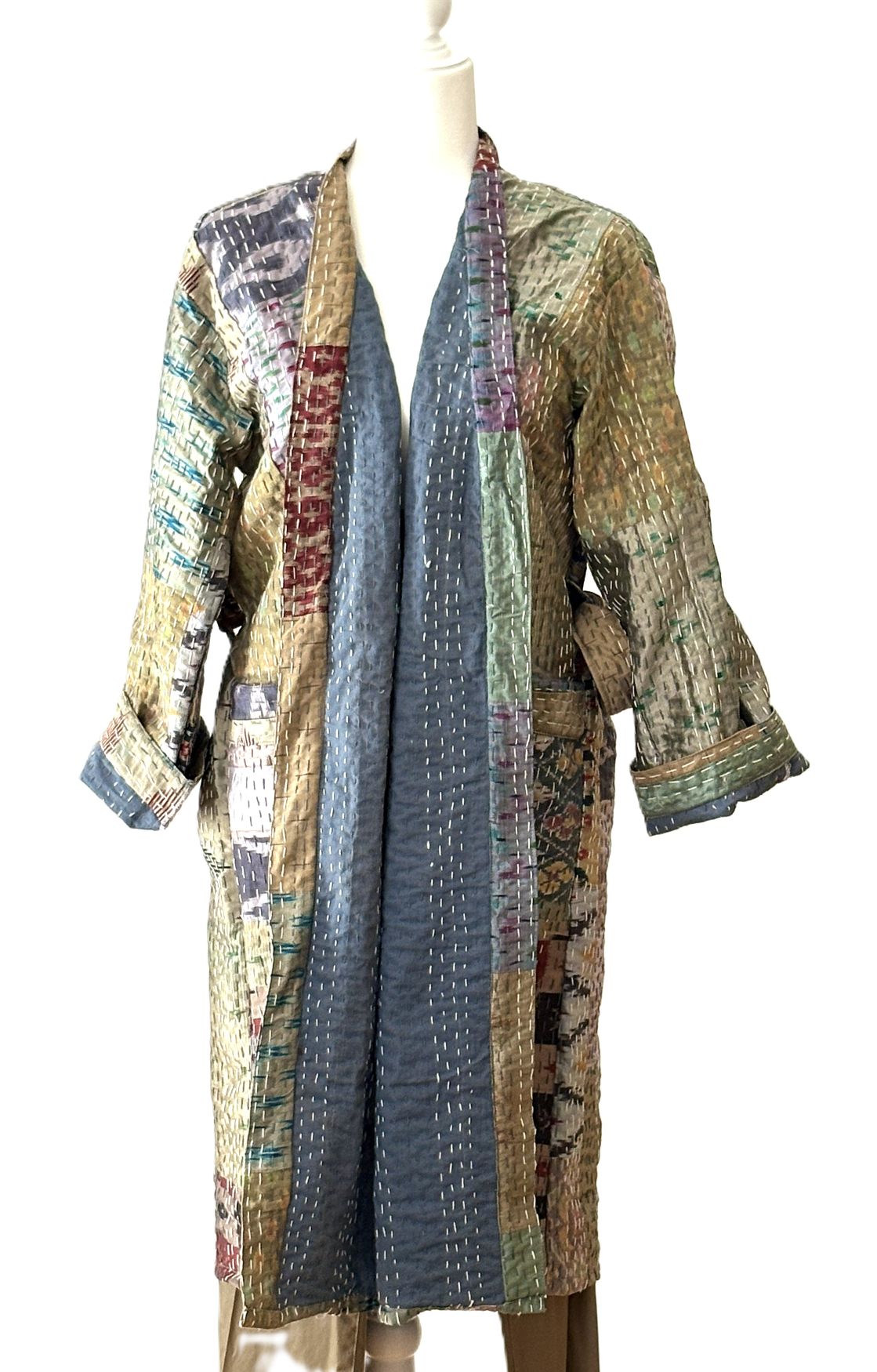Long Handcrafted Silk Kantha Patchwork Fully Reversible Kimono Duster
