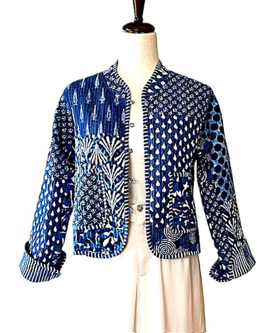 Luxe Reversible Cotton Quilted  Womens Jacket With Stripe Piping (Blue)
